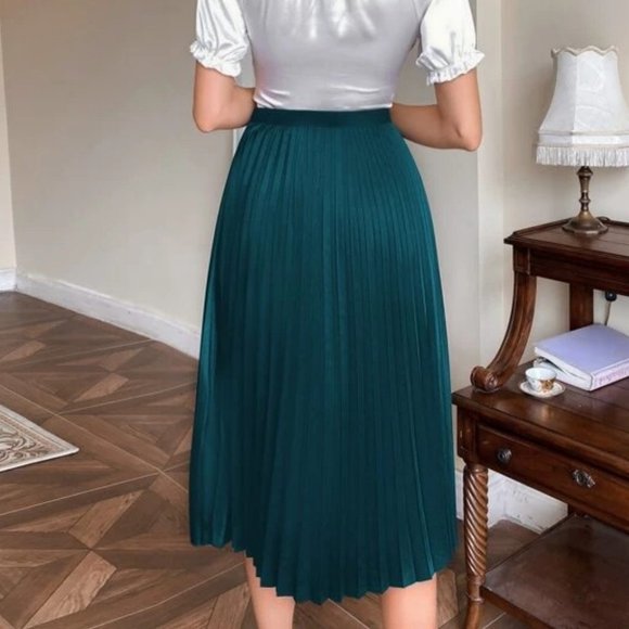 teal blue Pleated Satin Midi Skirt Evening classy - Picture 4 of 6